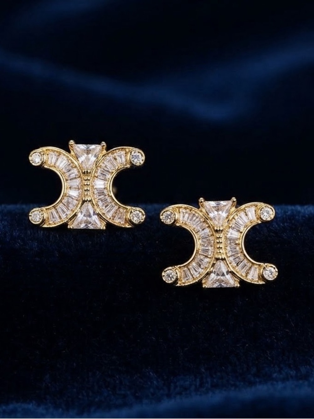 Gold Tone Crystal Crescent luxury Stud Earrings - Clear & Gold